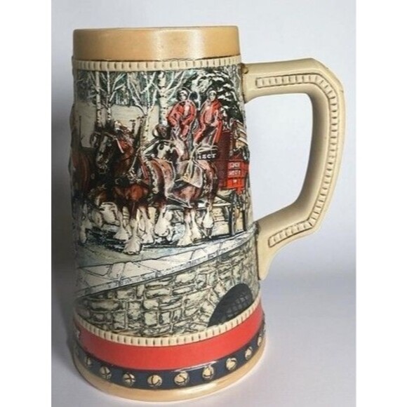 VTG 98s Budweiser Holiday Clydesdale Beer Mug Stein Christmas Winter Time - Picture 1 of 11